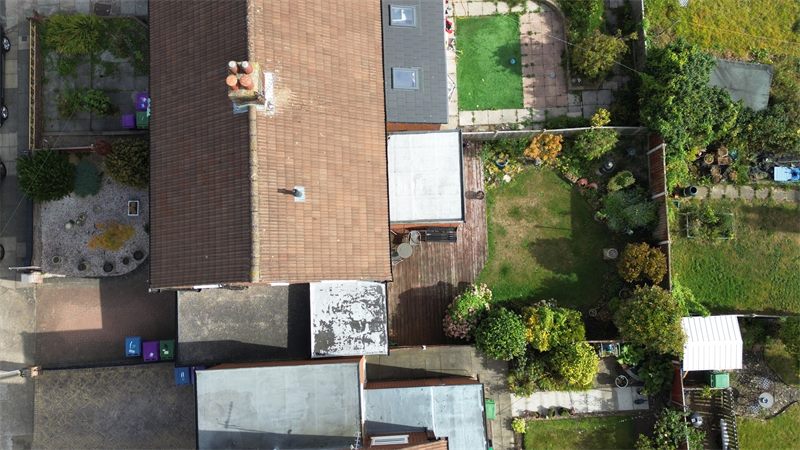 Aerial view of residential roof layout and junctions