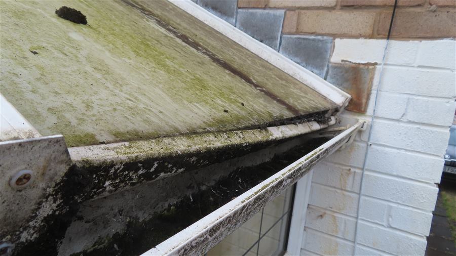 Weathered conservatory roof and rainwater detail